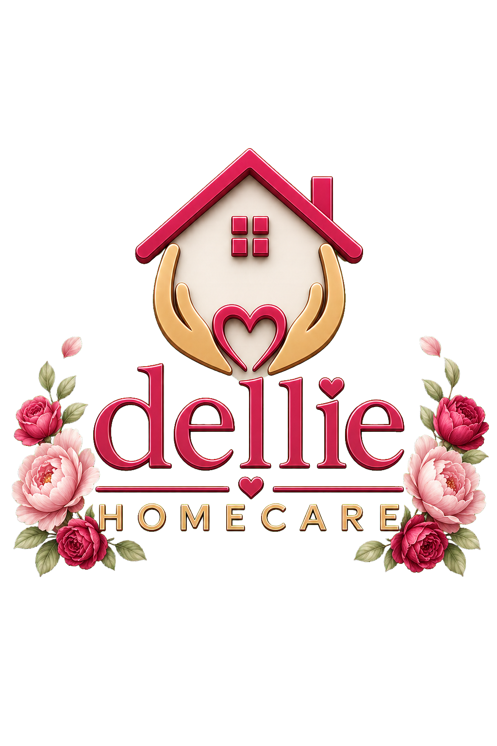 Dellie Homecare logo featuring a rose-gold home, caring hands, and a heart